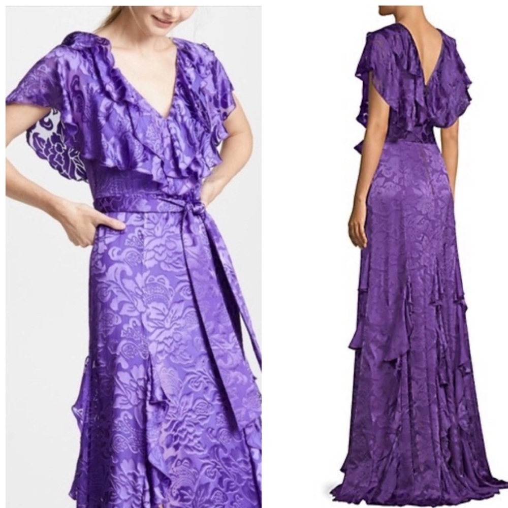 Alice + Olivia Tessa Silk Floral Ruffle Gown Purple Size 0